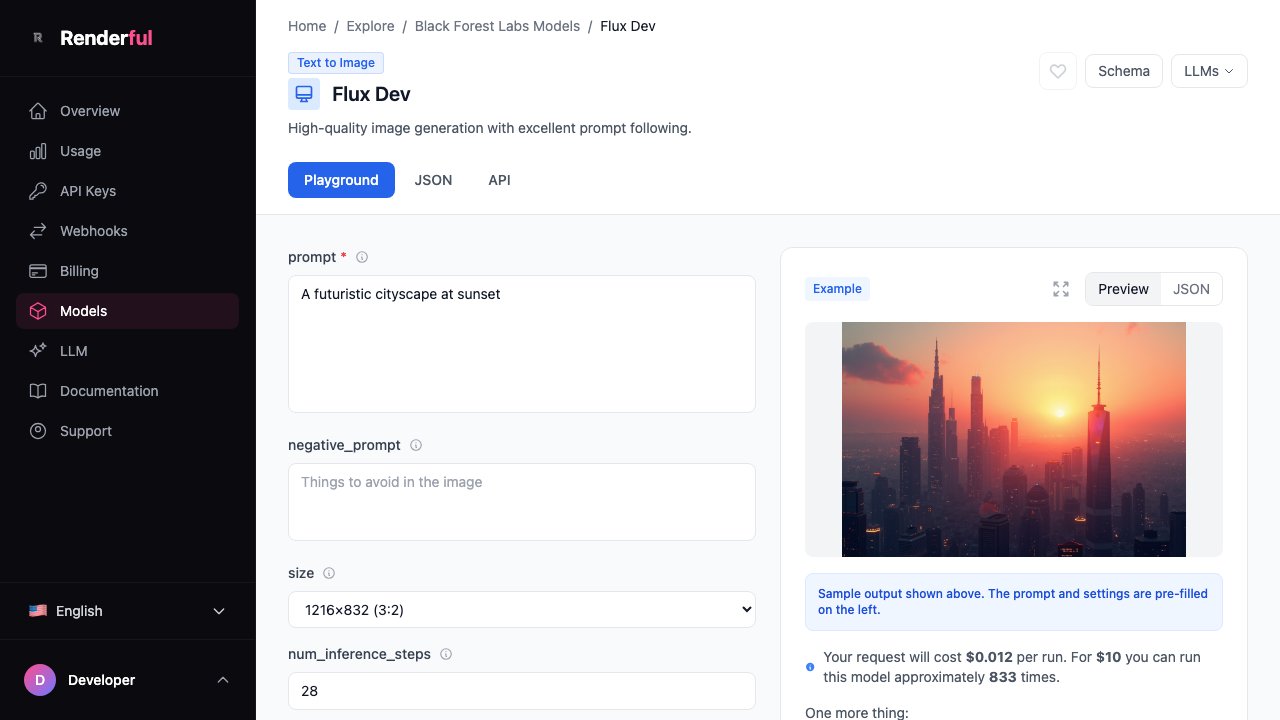Flux Dev playground on Renderful — Flux image generation API