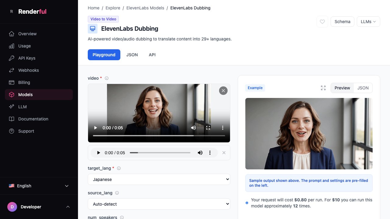 ElevenLabs Dubbing playground on Renderful — video translation API