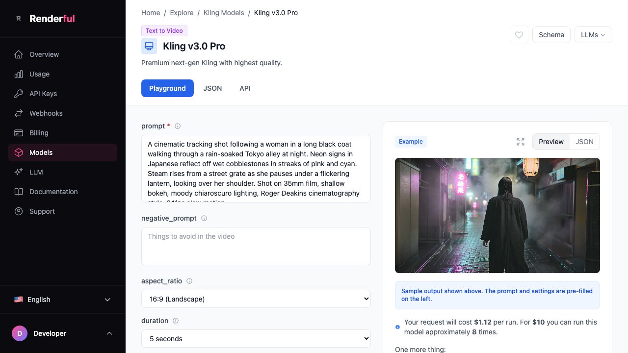 Kling v3 Pro playground on Renderful — generate AI videos with API