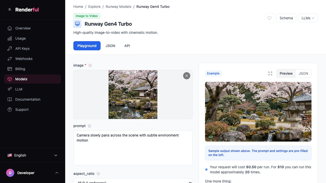 Runway Gen4 Turbo playground on Renderful — Runway video generation API