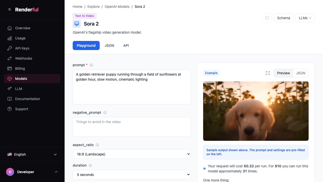 Sora 2 playground on Renderful — OpenAI video generation API